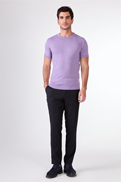 Dufy Açık Mor O Yaka Düz Renk Kısa Kollu Slim Fit Triko Tshirt