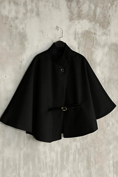 YONEZ MODA Kadın Kemer Detaylı Pelerin Panço Kaban