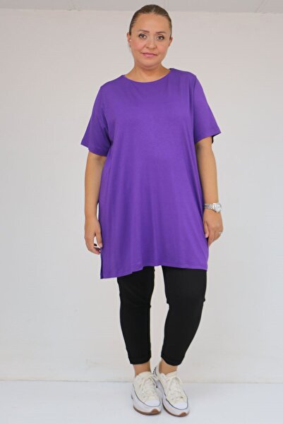 Eslina 58507 large size collar ribbed knitted t-shirt - purple
