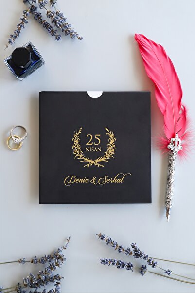 Pixel Davetiye 50 Adet Siyah Düğün Davetiye Altın Yaldızlı-Düğün-Nişan-Kına-Sünnet Davetiyesi-2456