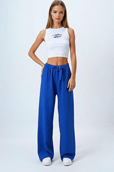 VAGGON Women's saks tie-up elastic waist linen palazzo pants vs00839