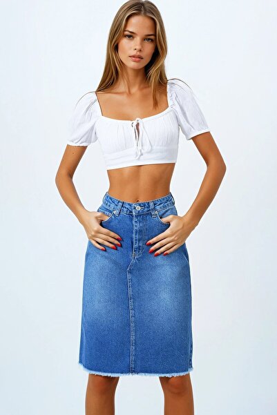 VAGGON Woman's dark blue 5-pocket skirt with tassel jean skirt vs00851