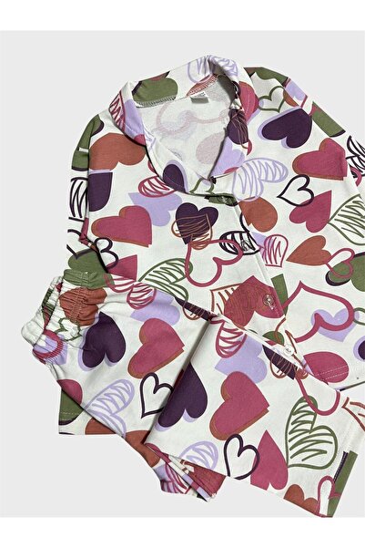 tusem butik homewear Set de pijamale din bumbac pentru fete, alb, roz, cu imprimeu de inimă, cu nasturi la guler, cu mâneci lungi