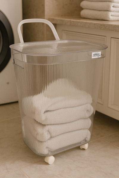 Living Transparent Acrylic Laundry Basket with Wheels and Elegant Lid