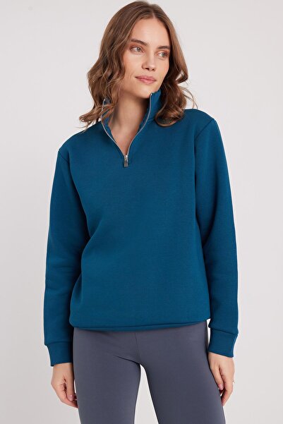 Tudors Kadın Relax Fit Rahat Kesim Pamuklu İçi Polarlı Yarım Fermuarlı İndigo Dik Yaka Sweatshirt