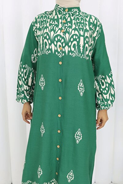 MSK Fashion Buttoned All-Over Ethnic Pattern Dress Green