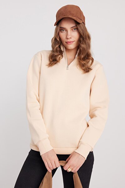 Tudors Γυναικείο φούτερ με ψηλό γιακά με μισό φερμουάρ, άνετο βαμβακερό εσωτερικό φλις, χρώμα εκρού