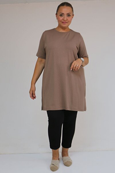 Eslina 58507 Plus Size Combed Cotton T-Shirt with Collar - Mink