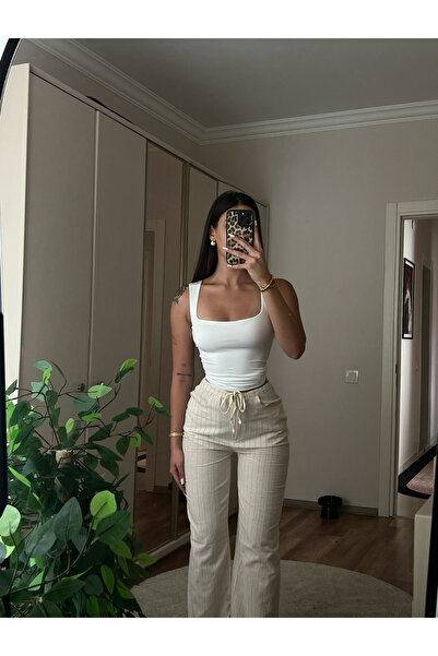 SimbaButik Çizgili bol keten pantolon