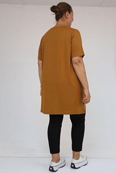 Eslina 58507 Plus Size Combed Cotton T-Shirt with Collar - Mustard