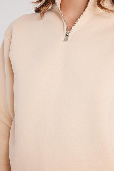 Tudors Γυναικείο φούτερ με ψηλό γιακά με μισό φερμουάρ, άνετο βαμβακερό εσωτερικό φλις, χρώμα εκρού