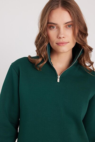 Tudors Γυναικείο φούτερ με ψηλό γιακά με μισό φερμουάρ, άνετο βαμβακερό εσωτερικό φλις, χακί χρώματος