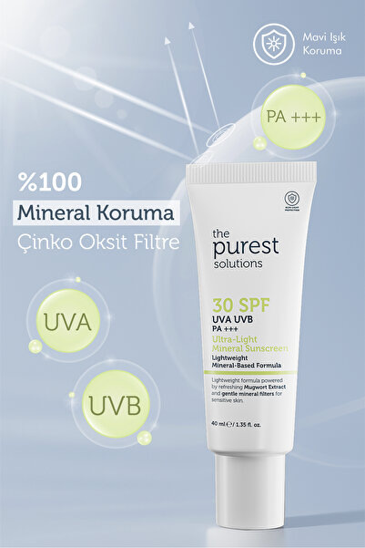The Purest Solutions Mineral Filtreli Güneş Koruyucu Krem SPF 30, %100 Çinko Bazlı, Hassas Cilt, 40 ml