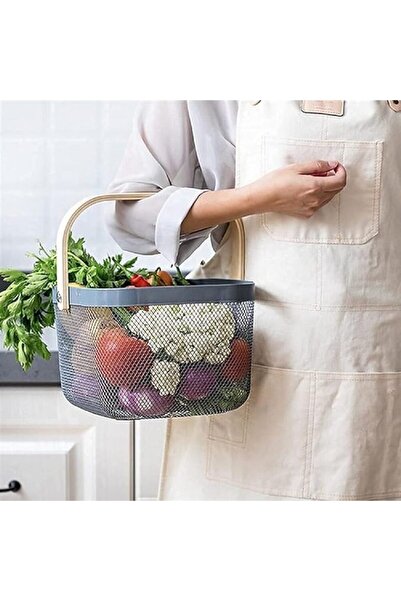 Living سلة بلاستيكية شبكية مربعة بمقبض خشبي أنيق