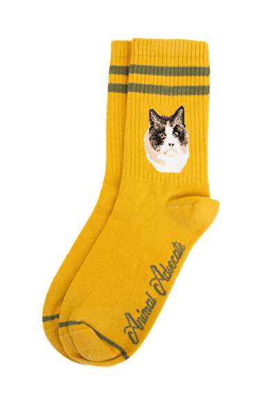 Trampoline Cat Patterned Long Socks - Patterned Socks - Yellow Long Socks