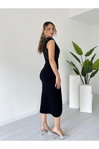 tiamoda Kruvaze Yaka Payetli Elbise