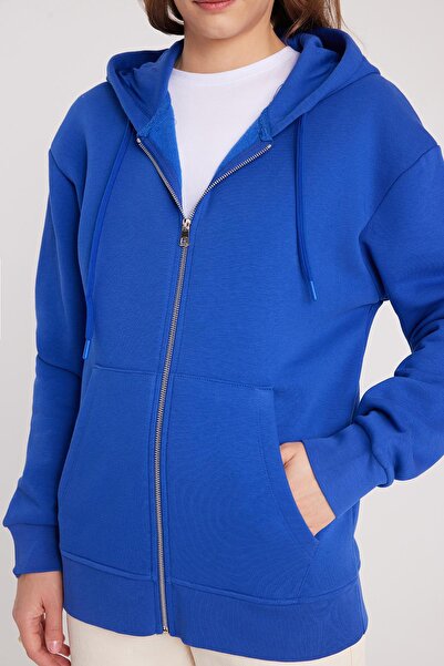 Tudors Γυναικείο φούτερ με κουκούλα Relax Fit, άνετο βαμβακερό φλις εσωτερικά, διπλή τσέπη με φερμουάρ, μπλε σαξόφωνο