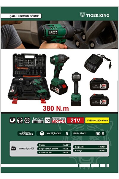TİGER KİNG PRO 21v Çift Akü Kömürsüz Darbeli Vidalama 380 nm Somun Sıkma Sökm...