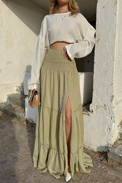 mylove Bel Gipeli Yırtmaçlı Etek Haki