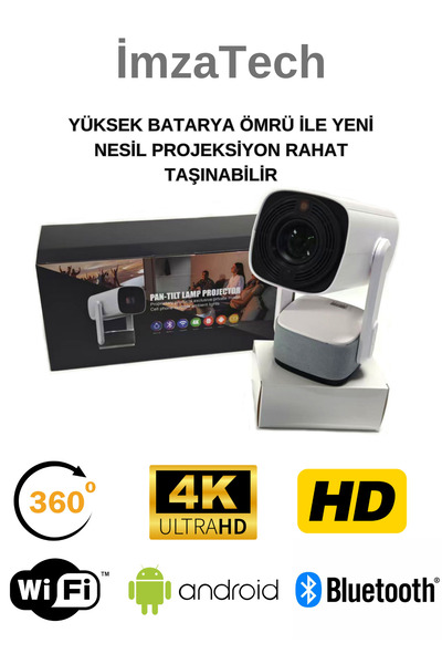 İmza 4K DESTEKLİ PROJEKTÖR YENİ NESİL TAŞINABİLİR 360 ULTRA HD AYARLANABİLİR ANDROİD UZUN SÜRELİ RGB LED