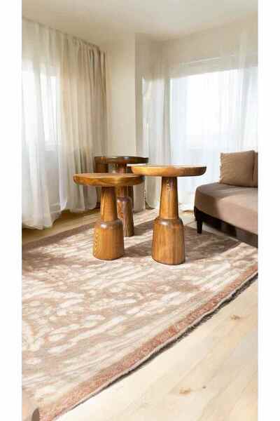 Simillo Home&Living Ahşap Tik Ağacı Renk Mantar Sehpa – Masif Doğal 3’lü Zigo...