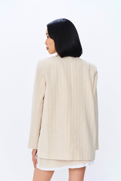 Quzu Etnik Desenli Kruvaze Blazer Ceket Natur