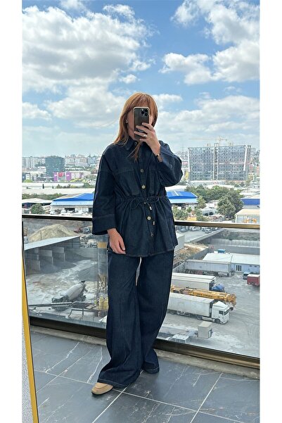 Pulli Collection Düğmeli Jean Ceket | Geniş Paça Jean Pantolon İkili Takım