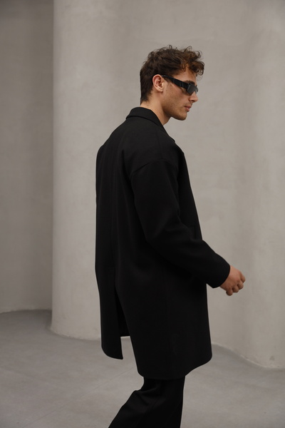 Bürke Μαύρο παλτό με κουμπωτό κλείσιμο, μισό oversize, χαλαρή εφαρμογή, μακρύ ανδρικό παλτό από κασμίρ