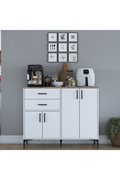 Rani Mobilya Rani JE210 Kahve Köşesi Çok Amaçlı Dolap 4 Kapaklı Çekmeceli Kiler Mutfak Dolabı Beyaz - Sepet Ceviz