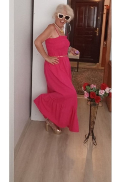 Butik harika fuşya pembe keten elbise standart beden