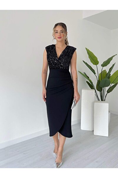 tiamoda Kruvaze Yaka Payetli Elbise