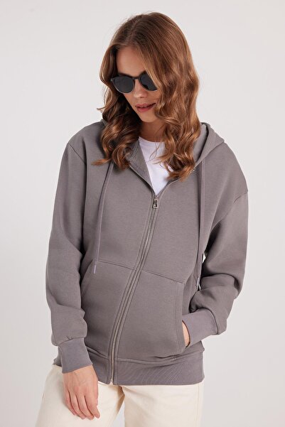 Tudors Hanorac gri pentru femei, cu croiala relaxată, din bumbac, cu fleece î...
