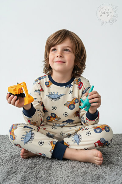 Zekalya Dinosaur and Construction Machine Patterned Boys' Pajama Set - Cotton Interlock Fabric