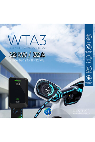 WiseCar WTA Ledli Standlı - 11 & 22 kW Elektrikli Araç Şarj Cihazı EV Wallbox Type 2