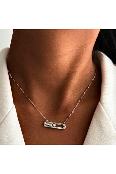 neslyaccessories Silver Hareketli Taşlı Messi Kolye (Taşlı)