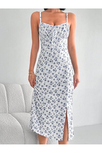 MOVİMENT Beyaz Mavi Çiçek Desenli Önü V Yaka Büzgülü Midi Boy Yırtmaç Detaylı Elbise
