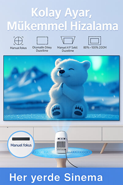 TECHNOMEN Android Şarjlı Projeksiyon 130” Sinema Keyfi, 4K Destekli Taşınabilir Sinema Projektörü Ev Sineması