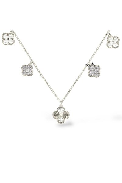 neslyaccessories Silver 2 Motif Taşlı 5 Motif Yonca Kolye