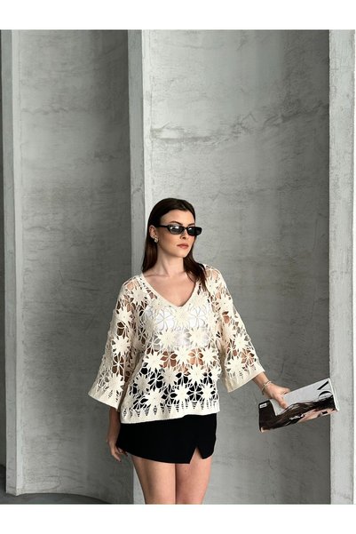 FioraWear Women's Knitted Detailed Perforated Summer Top (Ecru / Brown / Black)