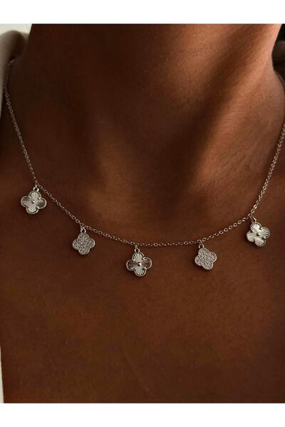 neslyaccessories Silver 2 Motif Taşlı 5 Motif Yonca Kolye
