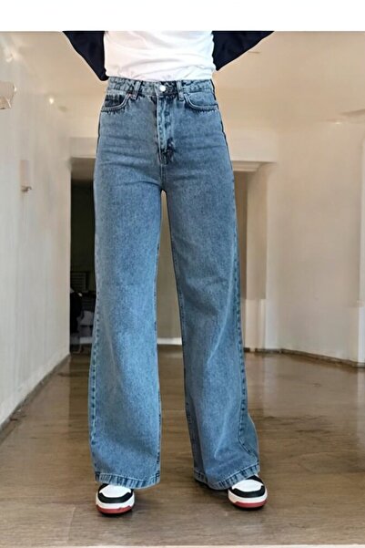 byhaziran butik Women's Blue Snow Washed High Waist Stretchy Denim Fabric Wid...