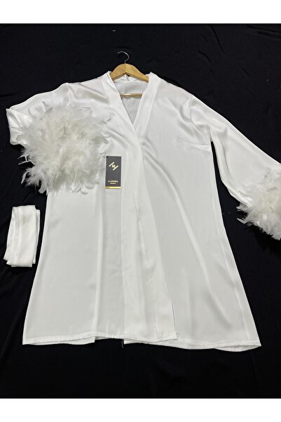 Juwana Women's White Satin Silk Bridal Robe – Kimono with Feather Detail