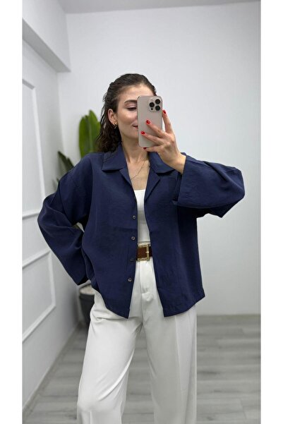 TUNAM BUTİK 4955 قميص مودال كبير الحجم باللون الأزرق الداكن