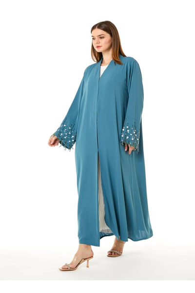 MOiSTREET Blue Linen Embroidered Abaya