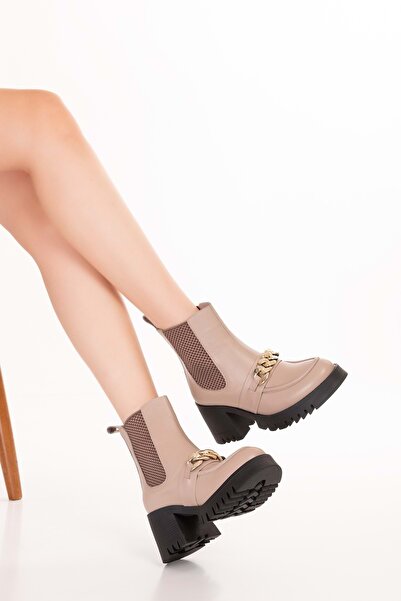 Gondol Hakiki Deri Kalın Topuklu Kauçuk Taban Şık Bot Benna Bej