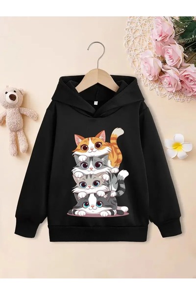 oneagılyazı Winter Hooded Sweatshirt, Kids Kittens Printed