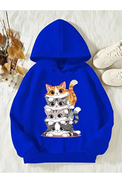 oneagılyazı Kışlık Kapüşonlu Sweatshirt, Çocuk KediciklerBaskılı