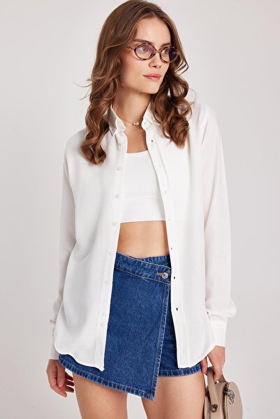 Tudors Kadın Slim Fit Düğmeli Yaka Kışlık Yün Viskon Düz Beyaz Gömlek