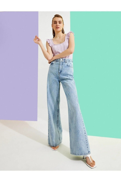 byhaziran butik Women's Blue Snow Wash High Waist Classic Wide Leg Jeans