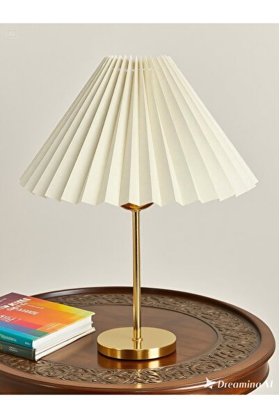 EvLight Liora Metal Gold Ayaklı Pileli Krem Kumaş Komidin Başı Abajur